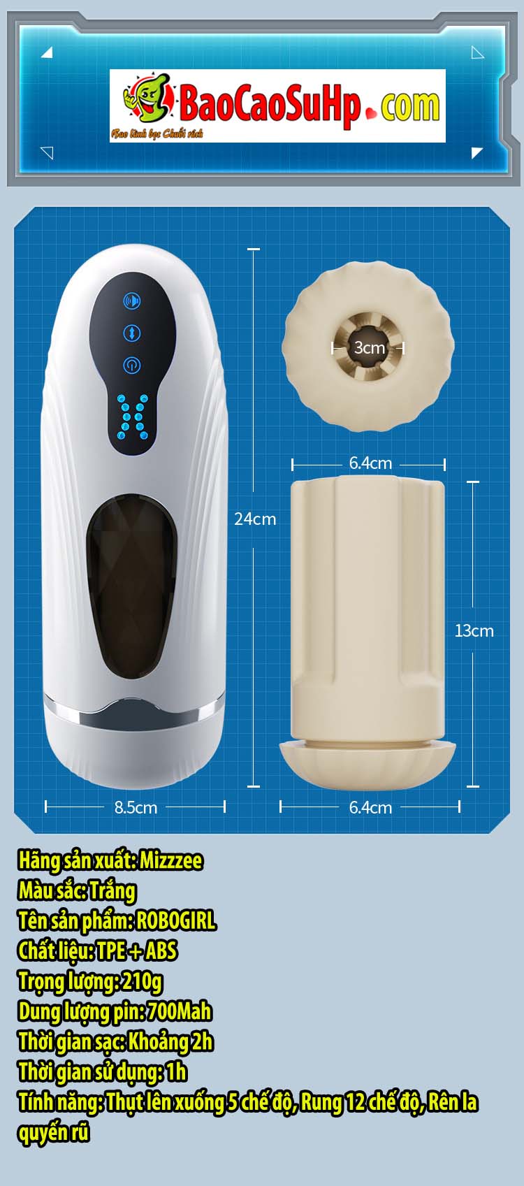 Cốc thủ dâm Mizzzee ROBOGIRL nhỏ gọn tự động kích thích mạnh