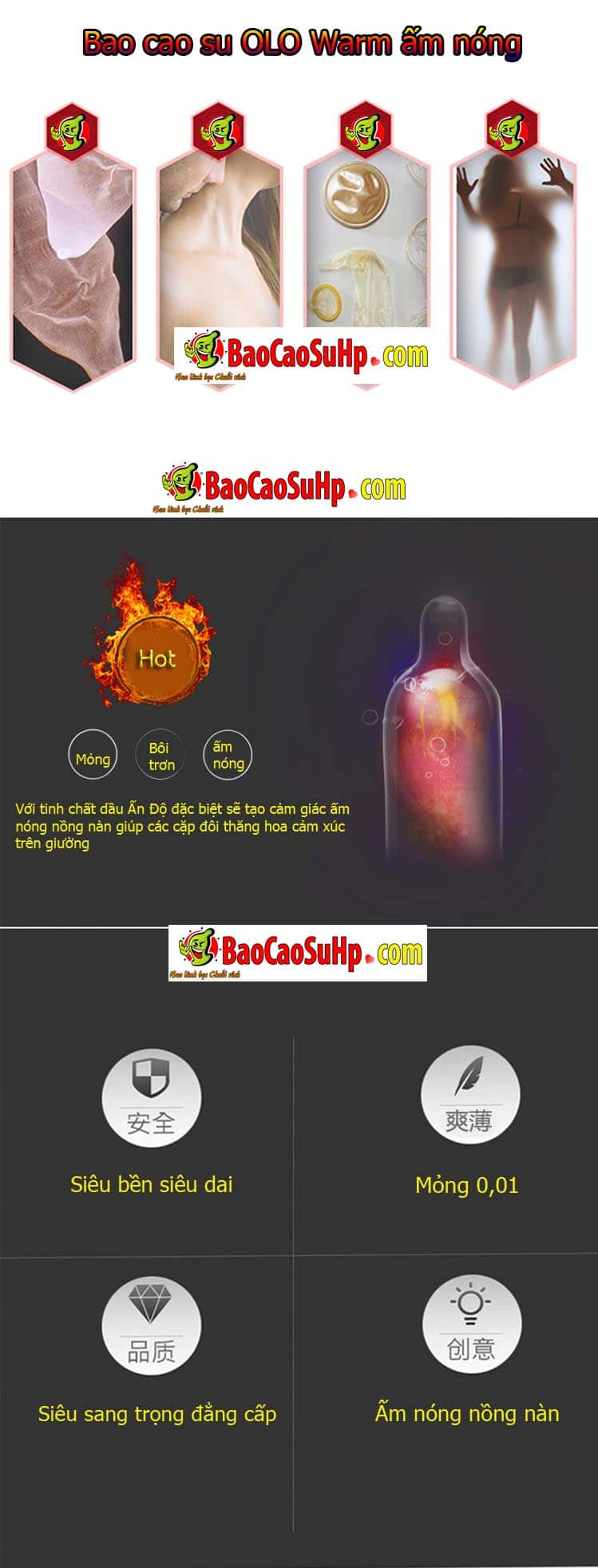 Bao Cao Su OLO 001 Warm Red Siêu Mỏng Ấm Nóng Kích Thích Cực Mạnh