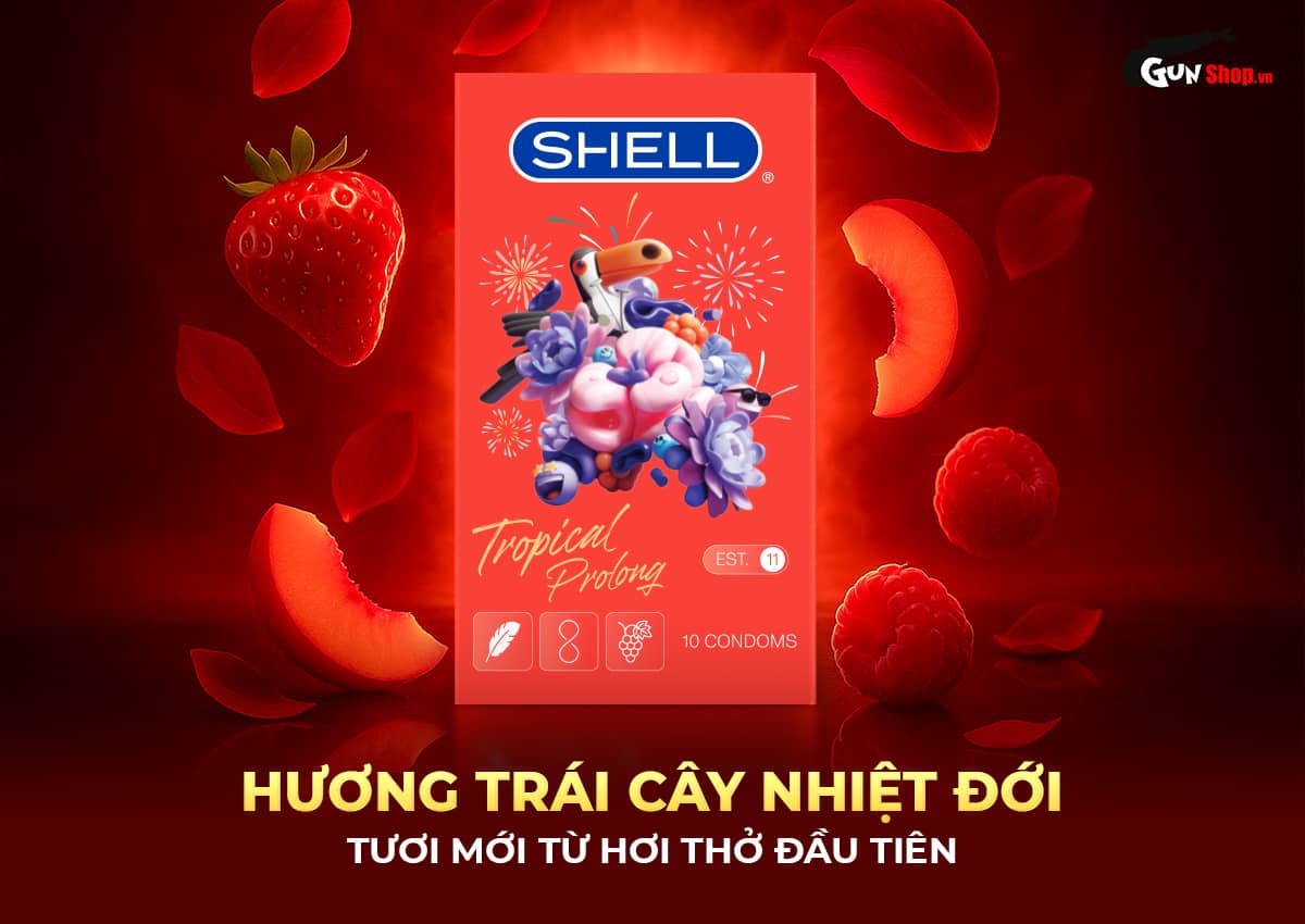 Bao cao su Shell Tropical Prolong hương hoa quả nhiệt đới siêu mỏng, kéo dài Bao cao su Shell Tropical Prolong hương hoa quả nhiệt đới siêu mỏng, kéo dài