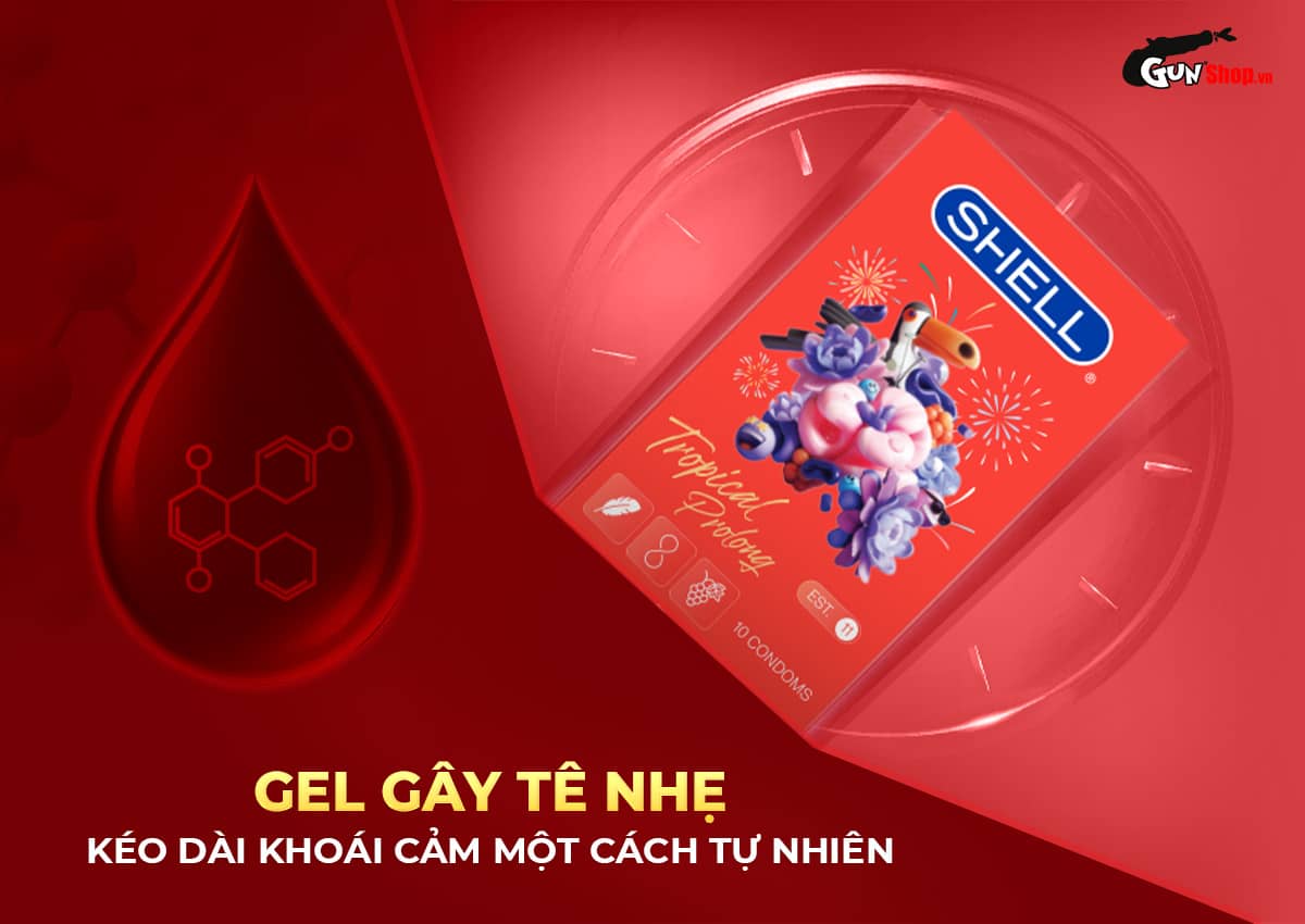 Bao cao su Shell Tropical Prolong hương hoa quả nhiệt đới siêu mỏng, kéo dài Bao cao su Shell Tropical Prolong hương hoa quả nhiệt đới siêu mỏng, kéo dài