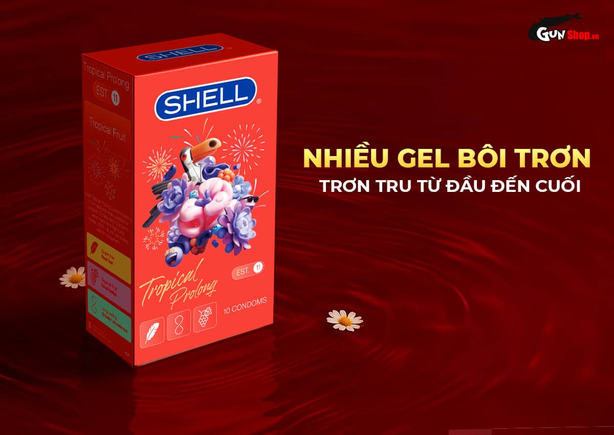 Bao cao su Shell Tropical Prolong hương hoa quả nhiệt đới siêu mỏng, kéo dài Bao cao su Shell Tropical Prolong hương hoa quả nhiệt đới siêu mỏng, kéo dài