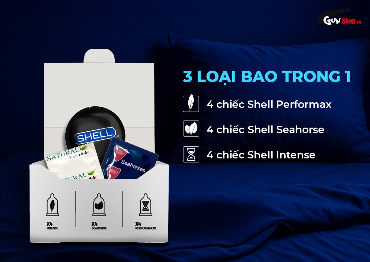  Bỏ sỉ Bao cao su Shell Triple Mix - Siêu mỏng mát lạnh gân gai - Hộp 12 cái cao cấp