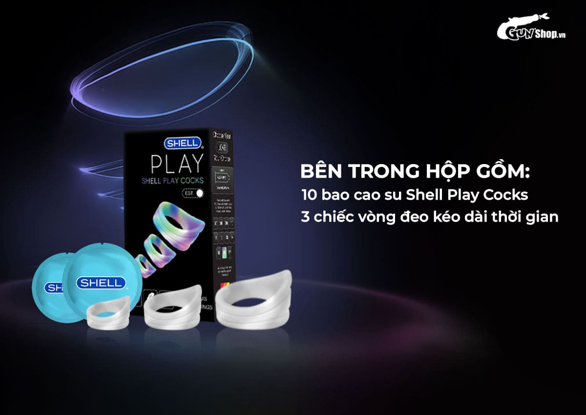  Giá sỉ Bao cao su Shell Play Cocks 6 tính năng - Hộp 10 cái + 3 vòng đeo kéo dài thời cao cấp