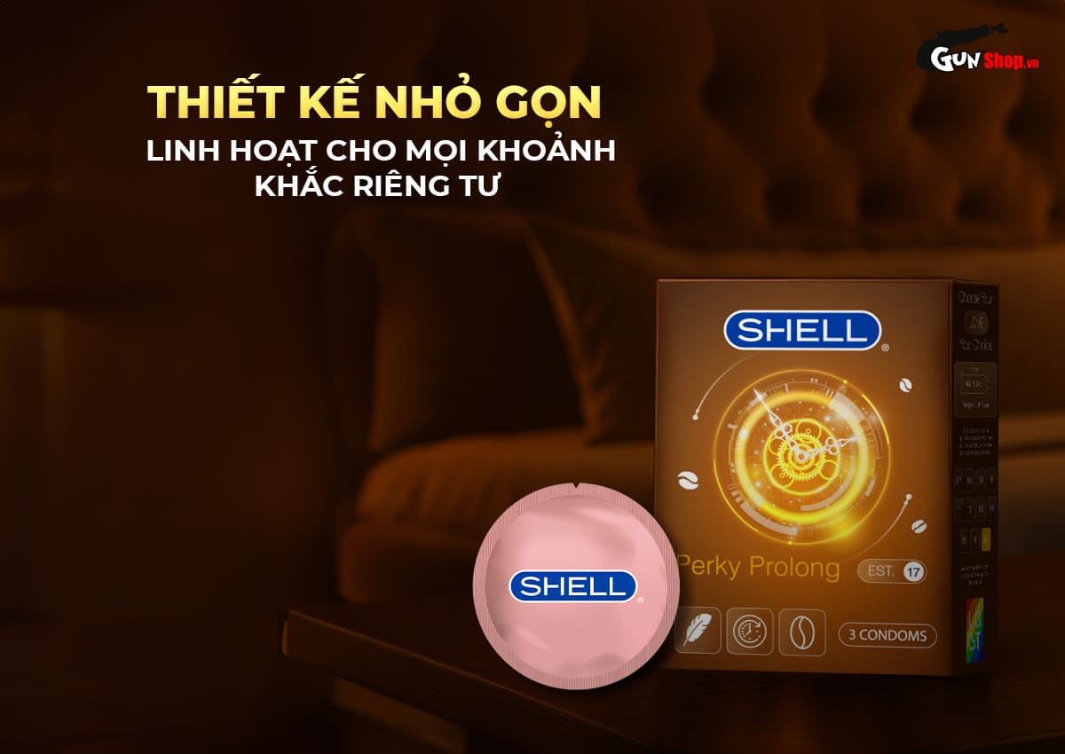  Bỏ sỉ Bao cao su Shell Perky Prolong - Siêu mỏng kéo dài thời gian hương cà phê - Hộp 3 cái giá sỉ