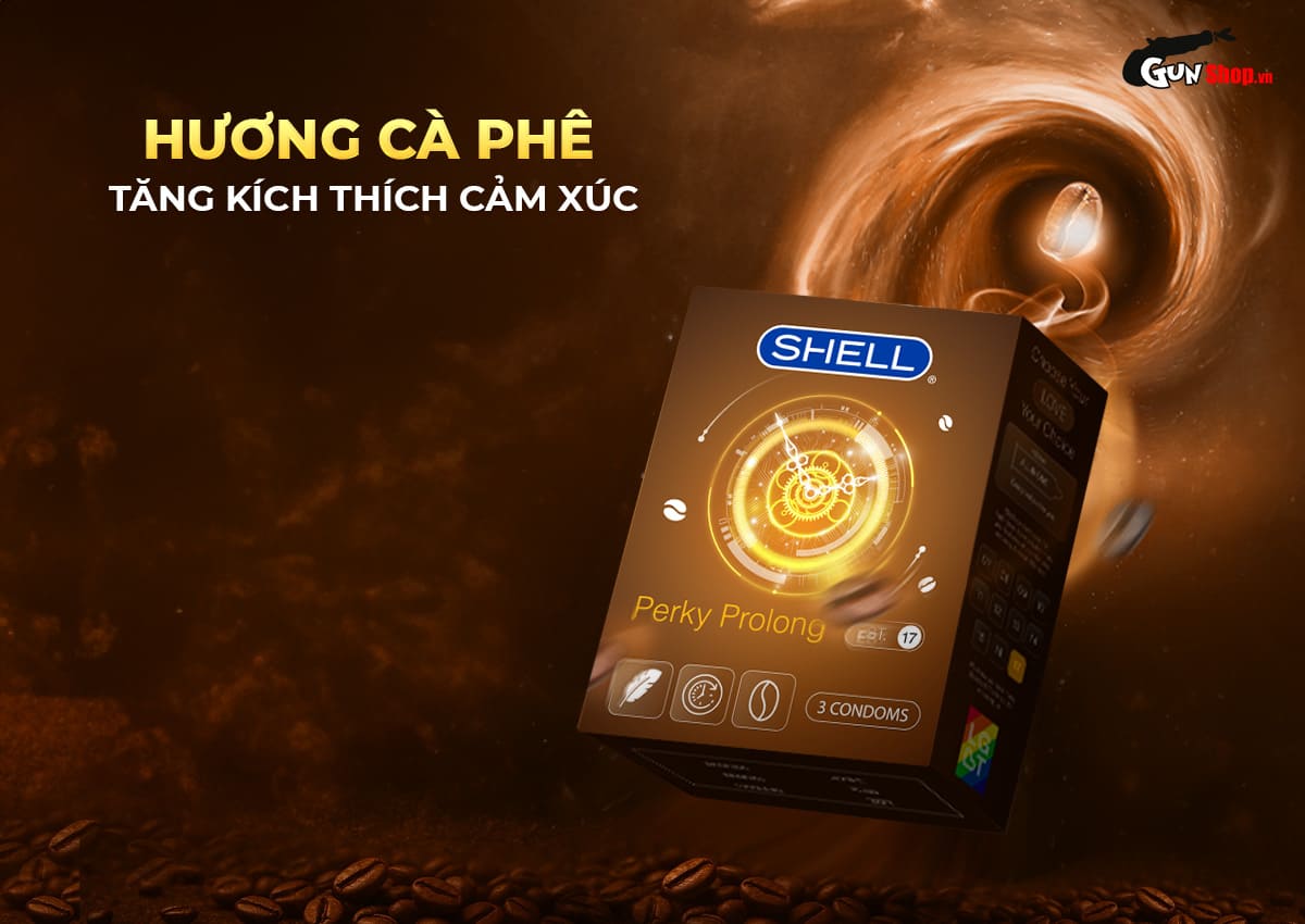  Bỏ sỉ Bao cao su Shell Perky Prolong - Siêu mỏng kéo dài thời gian hương cà phê - Hộp 3 cái giá sỉ