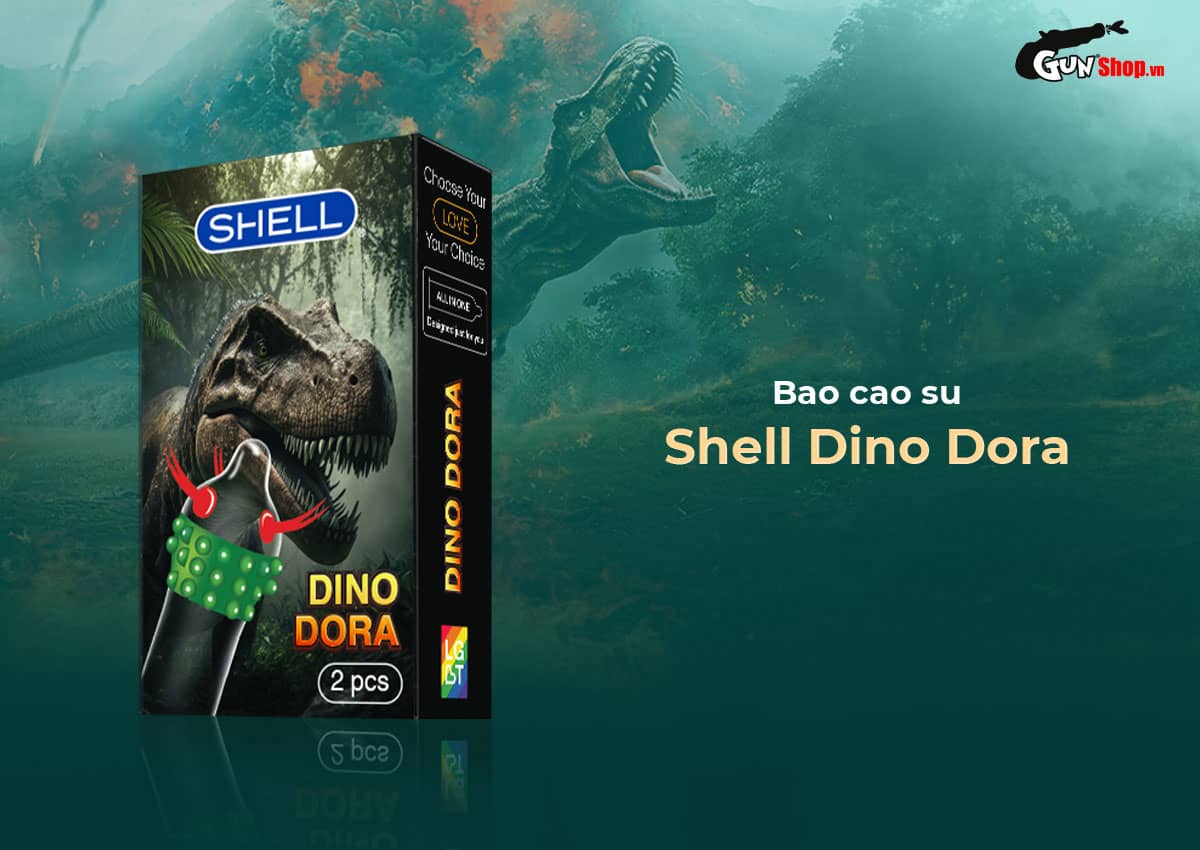 Bao cao su gai Shell Dino Dora Hộp 2 cái an toàn thoải mái