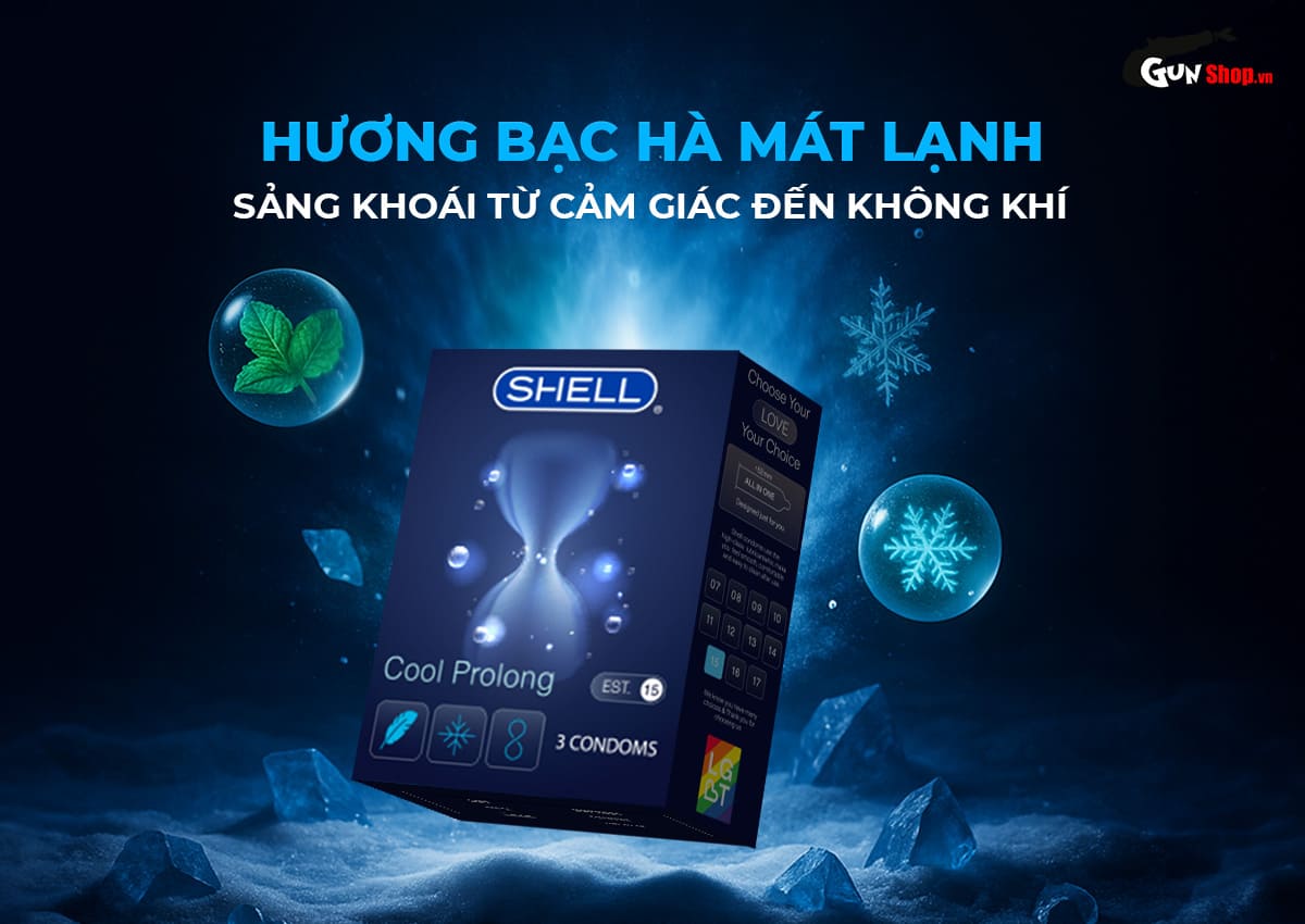  Bán Bao cao su Shell Cool Prolong - Siêu mỏng kéo dài thời gian bạc hà mát lạnh - Hộp 3 giá rẻ