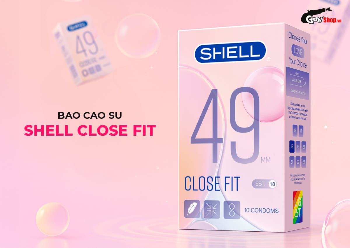 Bao cao su Shell Close Fit 49mm siêu mỏng kéo dài thời gian - Hộp 10