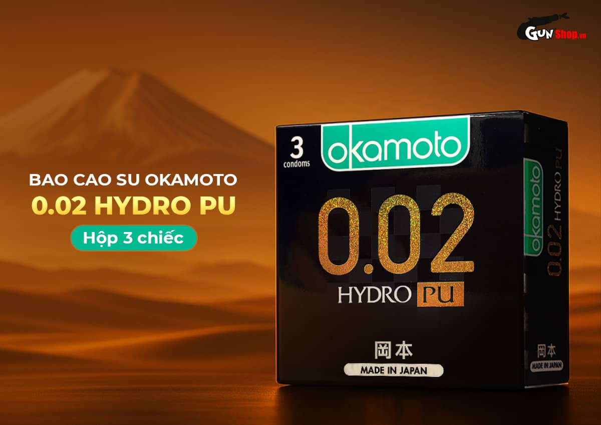 Cung cấp Bao cao su Okamoto 0.02 Hydro PU - Siêu mỏng truyền nhiệt nhanh - Hộp 3 cái hàng xách tay