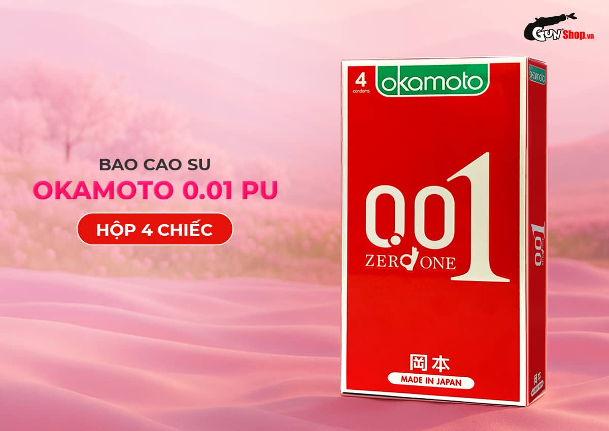  Bán Bao cao su Okamoto 0.01 PU - Siêu mỏng tàng hình truyền nhiệt chân thật - Hộp 4 cái giá sỉ