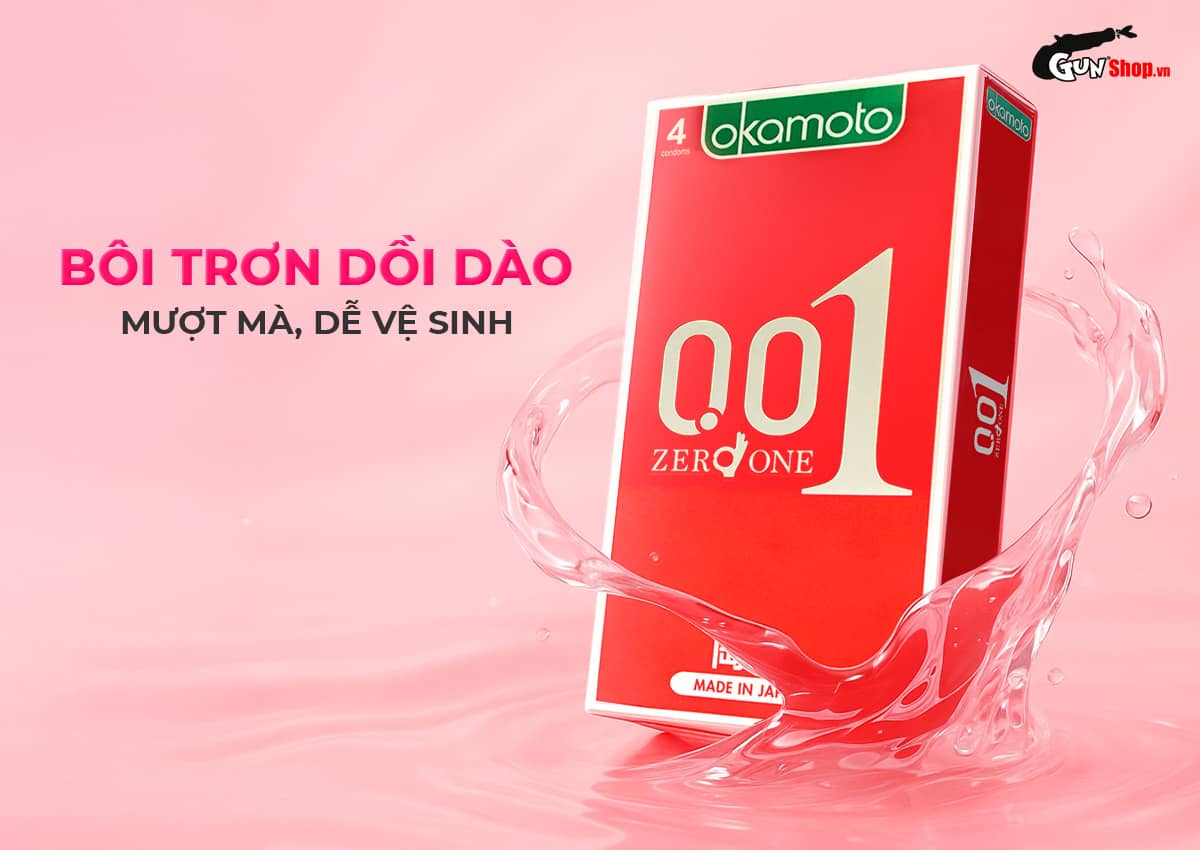  Bán Bao cao su Okamoto 0.01 PU - Siêu mỏng tàng hình truyền nhiệt chân thật - Hộp 4 cái giá sỉ