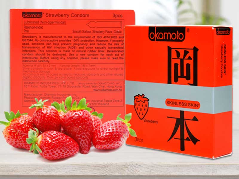Cung cấp Bao cao su Okamoto Skinless Skin Strawberry hương dâu hàng mới về